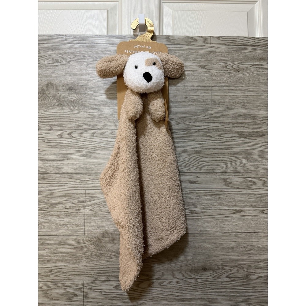 Levi and Emmie Tan Puppy Dog Plush Feather Knit Lovey Security Blanket Blanky